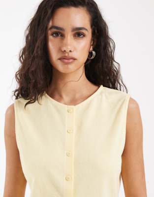 Gilet de tailleur d'ensemble texturé à col ras de cou - Babeurre-Jaune XS