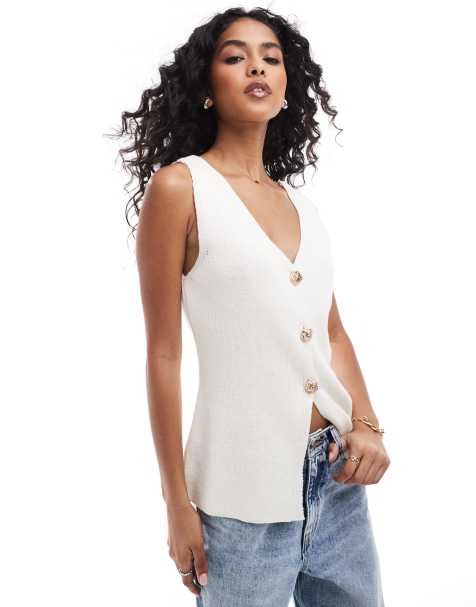 ASOS DESIGN - Gilet de tailleur en maille avec col en V et boutons dorés - Crème - view 1