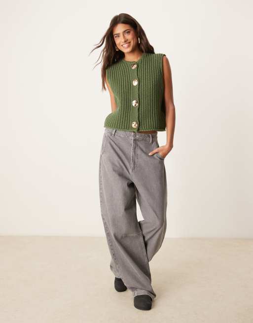ASOS DESIGN - Gilet de tailleur en maille épaisse à boutons dorés - Kaki, 2 de 4