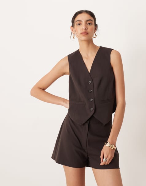 ASOS DESIGN - Gilet de tailleur habillé à rayures fines coupe carrée à assortir - Chocolat - view 1
