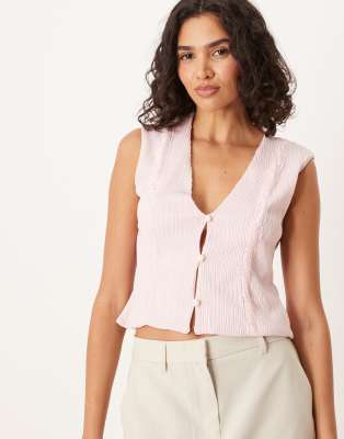 Gilet de tailleur plissé avec finitions en dentelle - Rose pastel-Blanc L