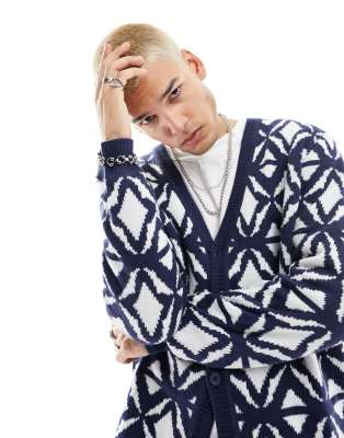ASOS DESIGN relaxed knitted cardigan with tile design in navy - ASOS Price Checker