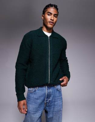 ASOS DESIGN - Gilet décontracté et zippé en maille bouclée - Vert foncé