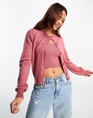 ASOS DESIGN neat fit cardigan twin set co-ord in pink - ASOS Price Checker
