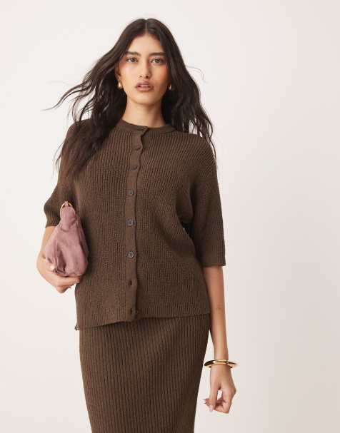 ASOS DESIGN - Gilet d'ensemble en maille bouclée à manches courtes - Chocolat - view 1