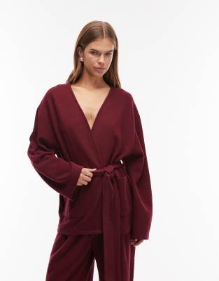 Gilet d'ensemble ultra-doux avec ceinture nouée à la taille - Cerise foncé-Bleu M