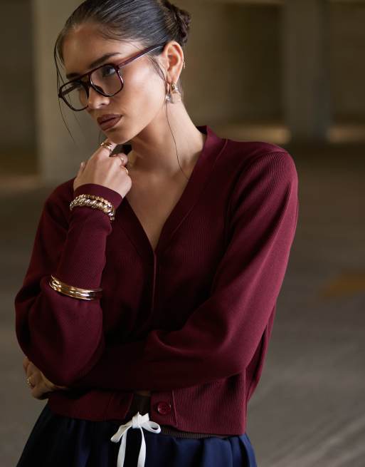ASOS DESIGN - Gilet en maille à col en V - Bordeaux