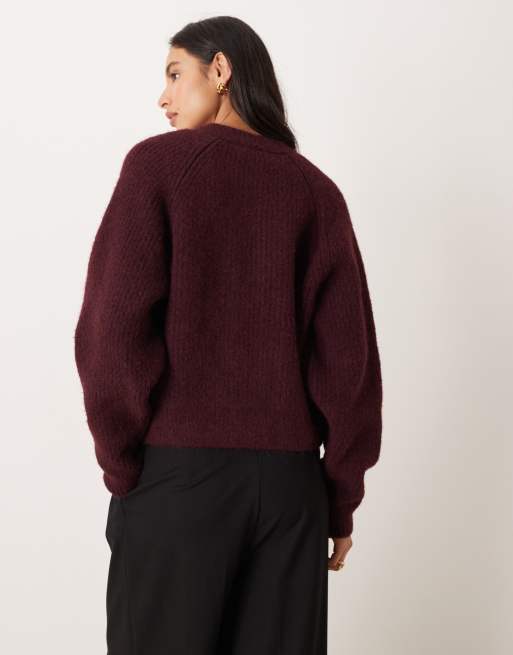 ASOS DESIGN - Gilet en maille à côtes anglaises et manches raglan - Prune, 3 de 4