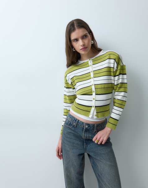 ASOS DESIGN - Gilet en maille à taille ajustée et épaulettes - Vert à rayures - view 1