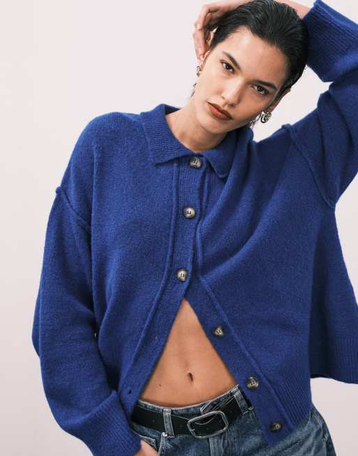 ASOS DESIGN - Gilet en maille avec col de chemise et surpiqûres - Bleu de cobalt, 3 de 4