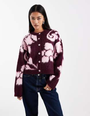 Gilet en maille brossée à motif fleuri - Prune-Multicolore S