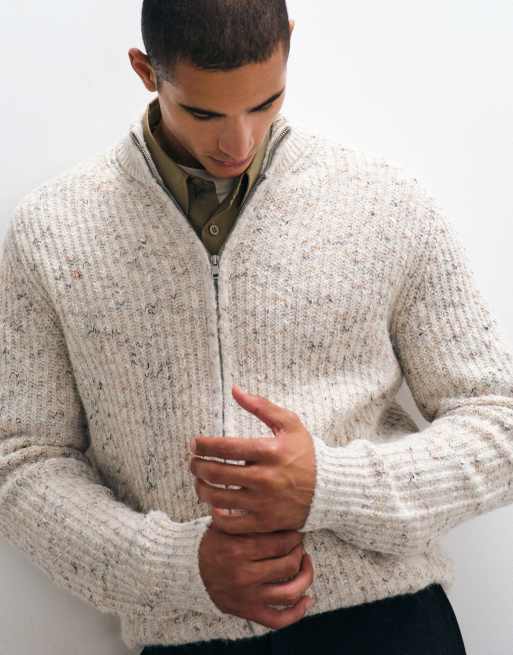 ASOS DESIGN gilet en maille décontracté à col cheminée zippé avec effet moucheté en coloris oatmeal, 2 de 5