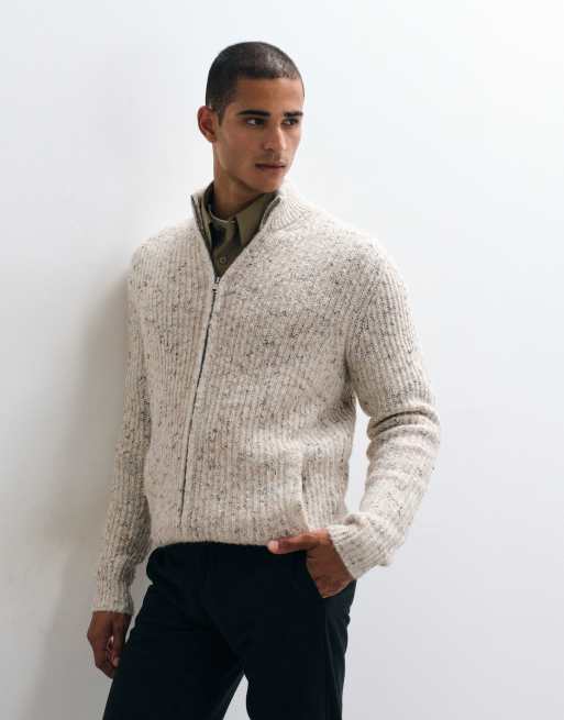 ASOS DESIGN gilet en maille décontracté à col cheminée zippé avec effet moucheté en coloris oatmeal, 4 de 5