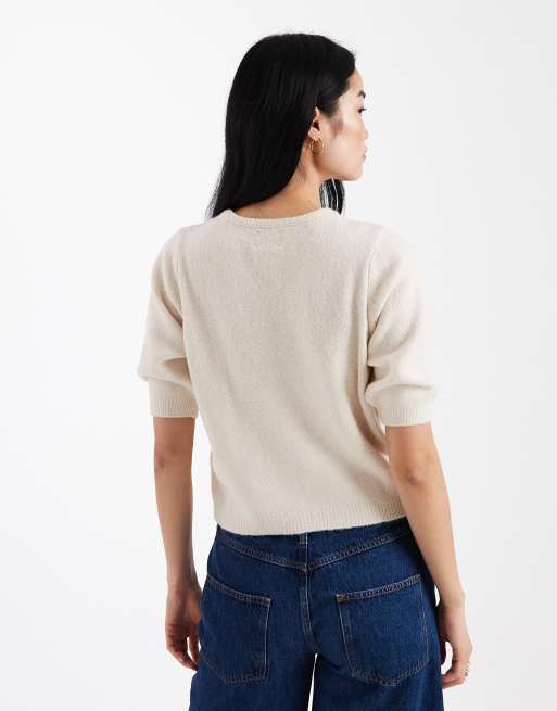 ASOS DESIGN - Gilet en maille duveteuse avec boutons mao - Écru, 4 de 4