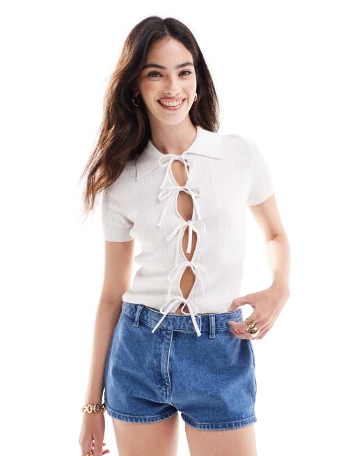 ASOS DESIGN - Gilet en maille noué sur le devant avec col - Blanc