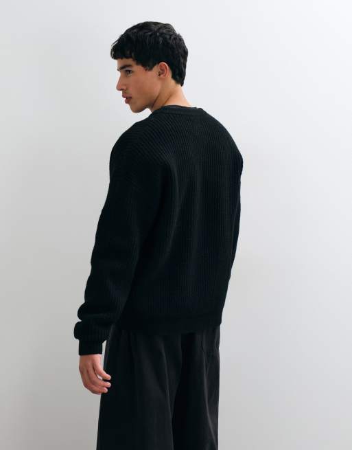 ASOS DESIGN gilet en maille oversize en mélange de laine à col rond côtelé noir, 5 de 5