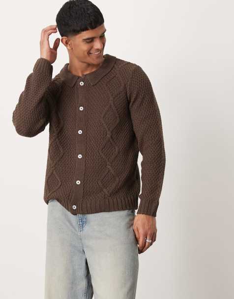 ASOS DESIGN - Gilet en maille torsadée avec col - Marron - view 1