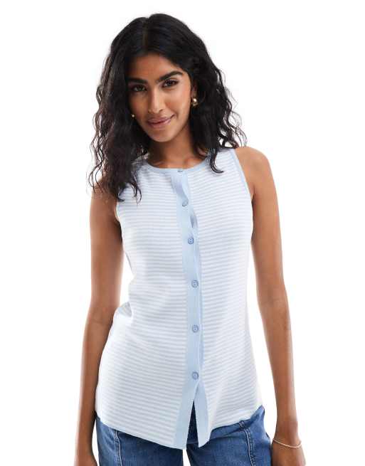 ASOS DESIGN - Gilet girocollo in maglia blu a righe con spacco sul davanti