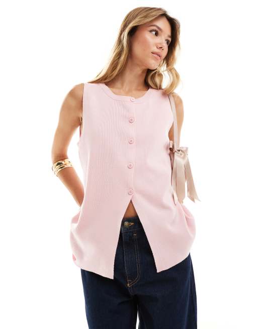 ASOS DESIGN - Gilet girocollo in maglia con spacco frontale rosa