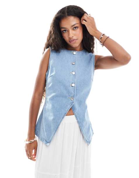 ASOS DESIGN - Gilet in denim blu medio con spacco sul davanti - view 1