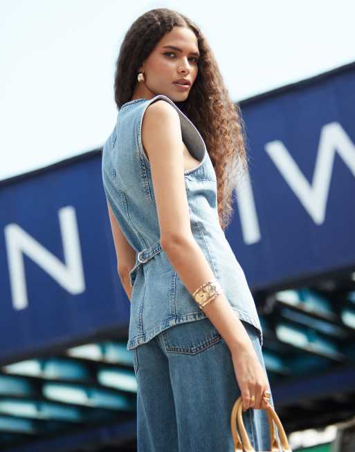 ASOS DESIGN - Gilet in denim blu medio stretto in vita in coordinato, 3 di 4