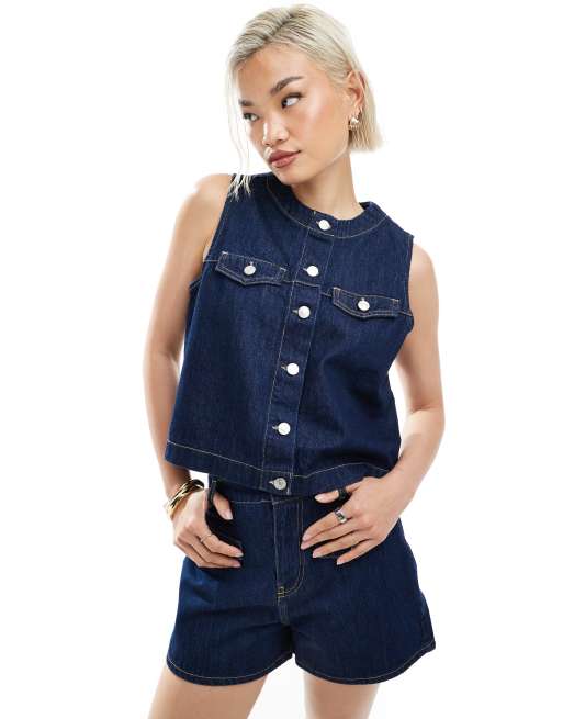 ASOS DESIGN - Gilet in denim color indaco con scollo rotondo in coordinato
