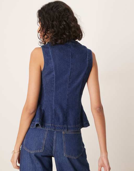 ASOS DESIGN - Gilet in denim lavaggio inchiostro con peplo in coordinato, 3 di 4