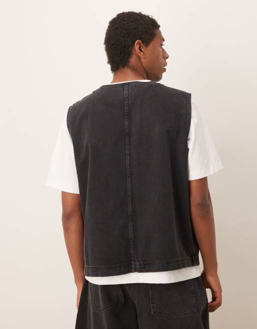 ASOS DESIGN - Gilet in denim nero slavato con tasche applicate in coordinato, 2 di 4