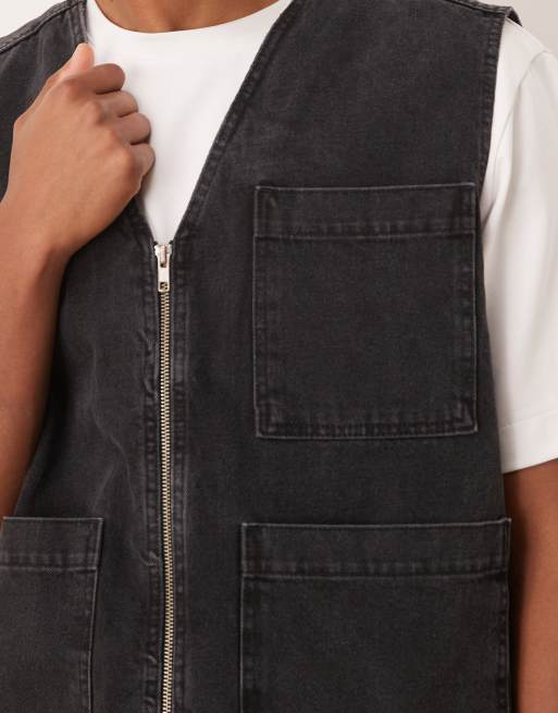 ASOS DESIGN - Gilet in denim nero slavato con tasche applicate in coordinato, 3 di 4