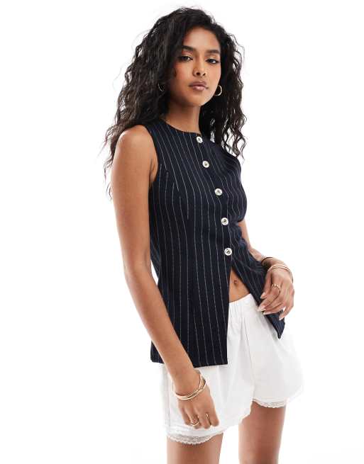 ASOS DESIGN - Gilet in jersey taglio lungo blu navy gessato in coordinato