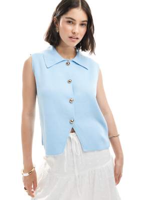 ASOS DESIGN - Gilet in maglia compatta blu con colletto - view 1