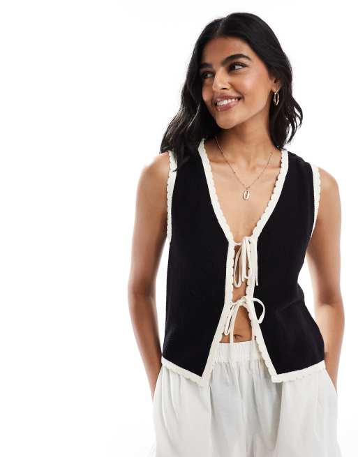 ASOS DESIGN - Gilet in maglia nero e color crema con profili a contrasto