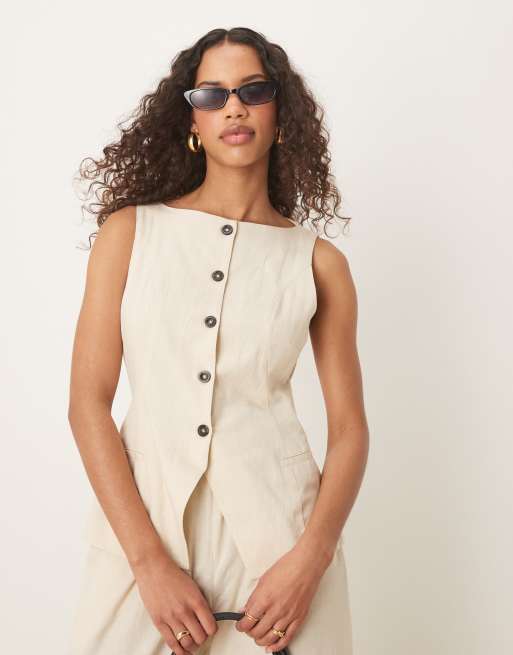 ASOS DESIGN - Gilet-jumpsuit met knoopsluiting in beige, 2 van 4