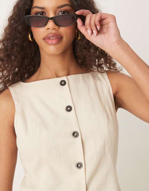 ASOS DESIGN - Gilet-jumpsuit met knoopsluiting in beige, 4 van 4
