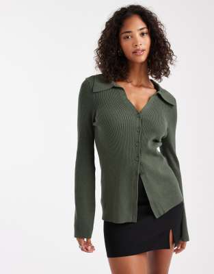 Gilet long avec col - Kaki-Vert XS