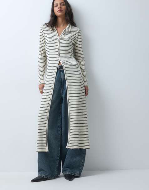 ASOS DESIGN gilet long côtelé à boutons, rayures crème et noires - view 1