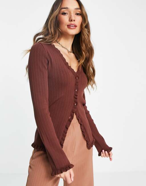 ASOS DESIGN Gilet long d ensemble avec volants Marron ASOS