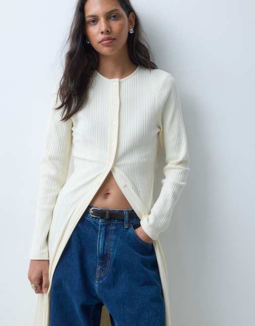 ASOS DESIGN gilet long en maille côtelée boutonné sur toute la longueur en écru, 3 de 4