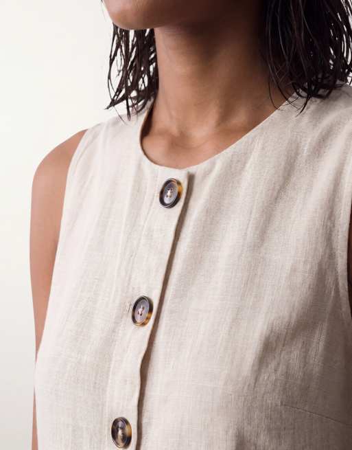 ASOS DESIGN gilet long en mélange de lin avec boutonnage devant en pierre, 3 de 4