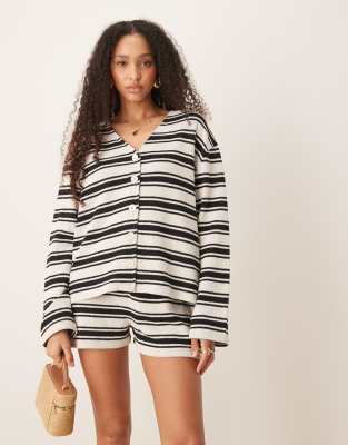 Gilet manches longues d'ensemble en tissu texturé à rayures - Noir et blanc-Multicolore S