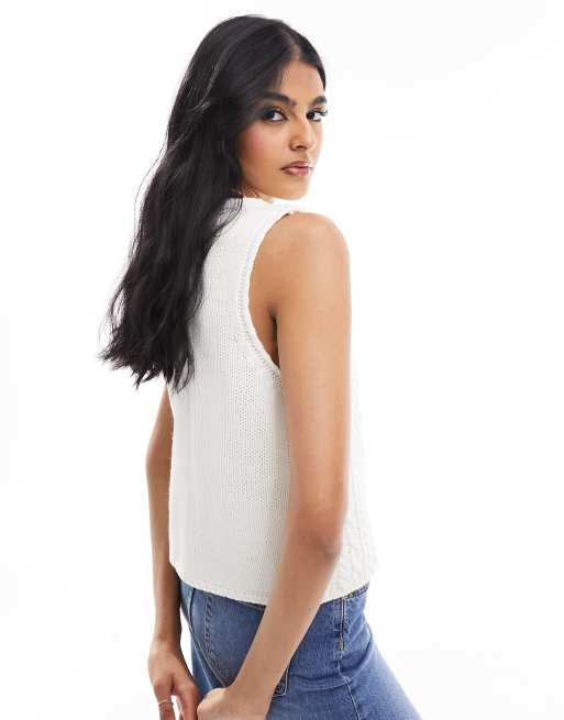 ASOS DESIGN - Gilet met kabels en gekleurd randje in crème, 4 van 4
