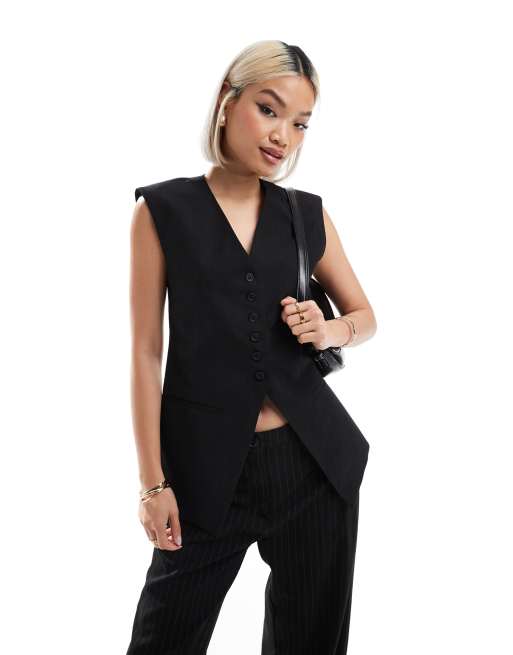 ASOS DESIGN - Gilet met lange pasvorm en overdreven schouder in zwart