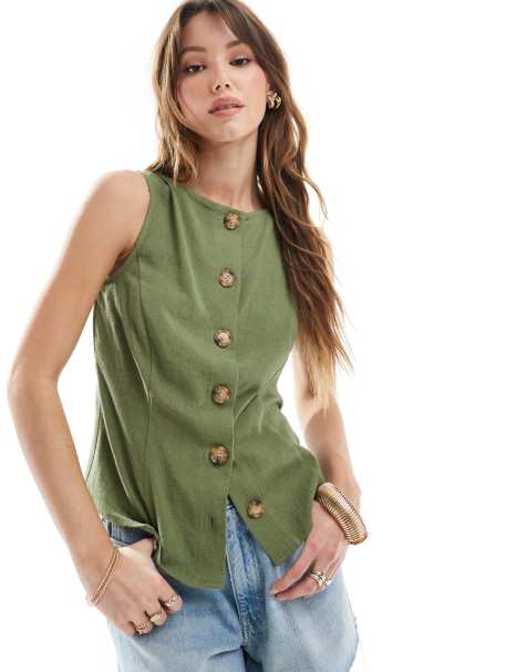 ASOS DESIGN - Gilet met linnenlook en knopen aan de voorkant in kaki - view 1