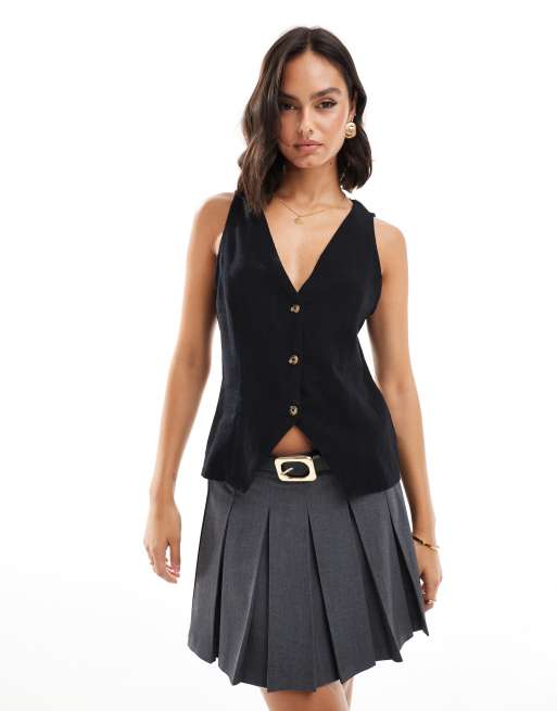 ASOS DESIGN - Gilet met linnenlook, V-hals en lange pasvorm in zwart