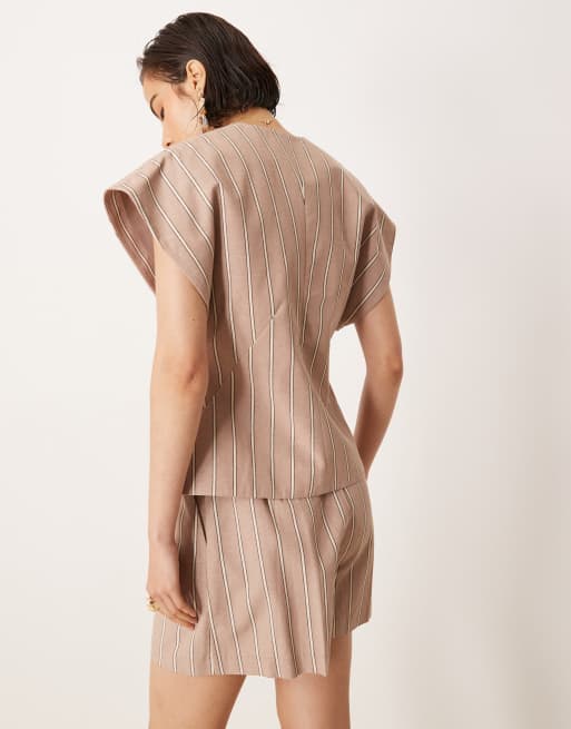 ASOS DESIGN - Gilet met overslag met linnen in gestreept beige, deel van co-ord set, 4 van 4