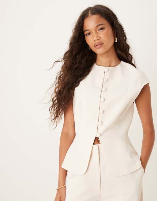 ASOS DESIGN - Gilet misto lino color avorio con maniche ad aletta