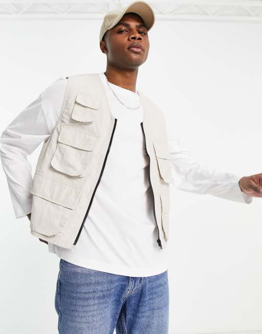 ASOS DESIGN - Gilet multitasche color pietra con ricamo sul retro