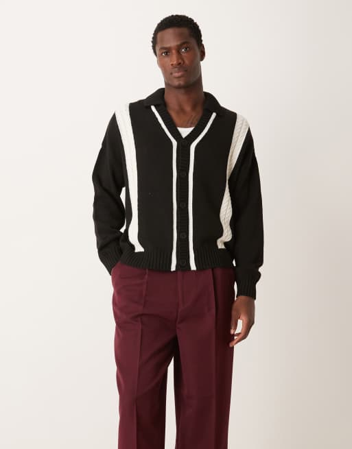 ASOS DESIGN - Gilet oversize coupe carrée en maille avec col et bandes contrastantes - Noir