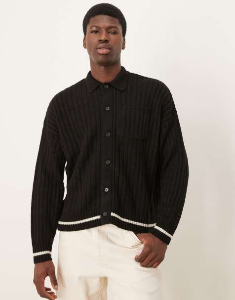 ASOS DESIGN - Gilet oversize coupe carrée en maille avec col et liseré contrastant - Noir/crème - view 1