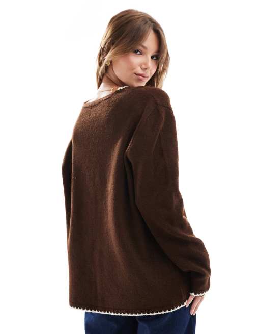 ASOS DESIGN - Gilet oversize en maille avec col V et liens noués à l'avant - Chocolat, 4 de 4